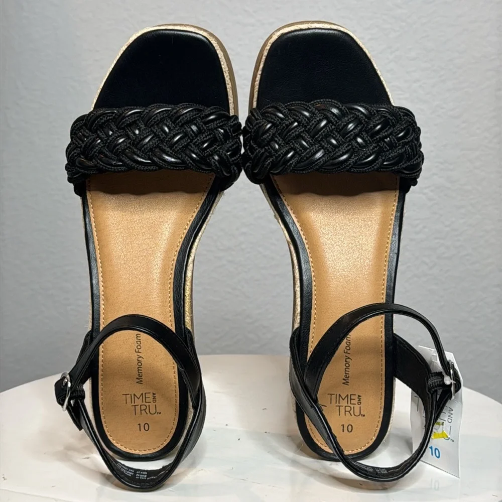 TIME AND TRU WOMENS BLACK BRAIDED ANKLE STRAP ESPADRILLE PLATFORM WEDGES **NWT**
